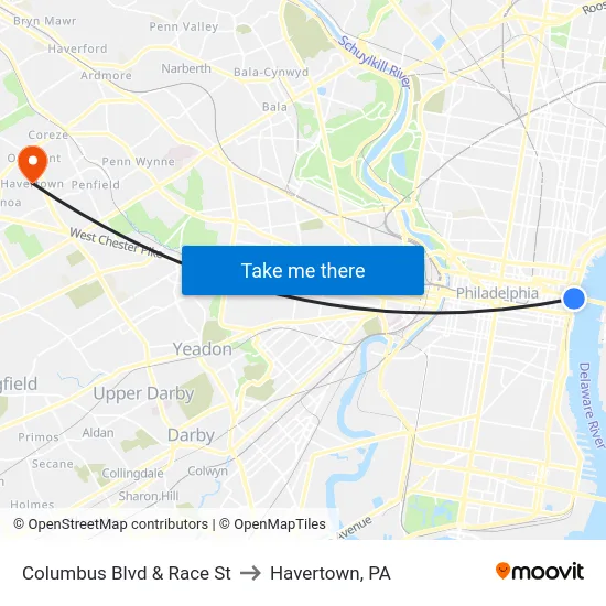 Columbus Blvd & Race St to Havertown, PA map