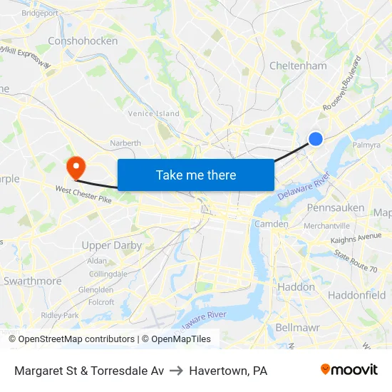Margaret St & Torresdale Av to Havertown, PA map