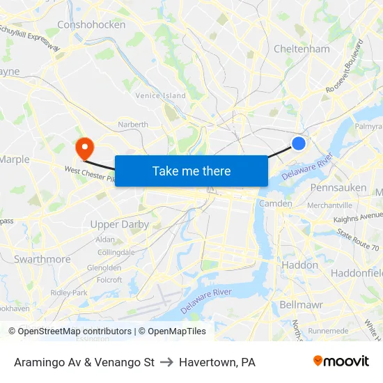 Aramingo Av & Venango St to Havertown, PA map