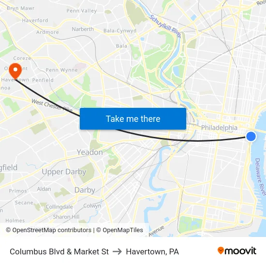Columbus Blvd & Market St to Havertown, PA map