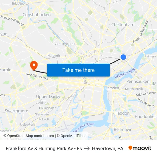 Frankford Av & Hunting Park Av - Fs to Havertown, PA map