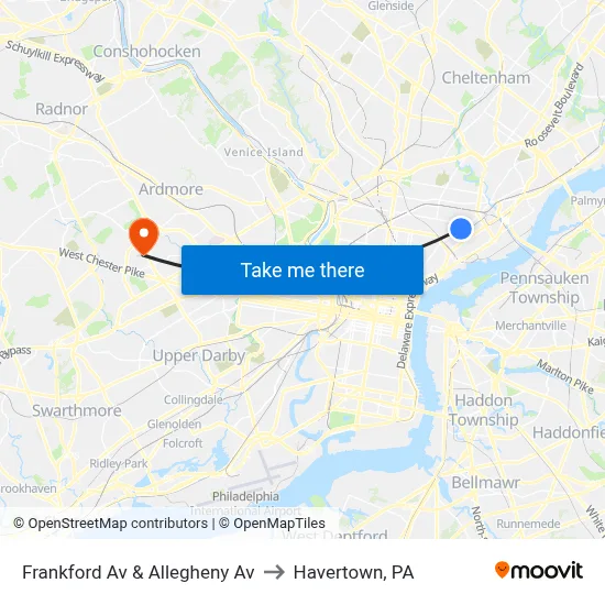 Frankford Av & Allegheny Av to Havertown, PA map