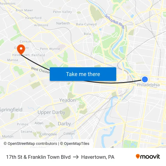 17th St & Franklin Town Blvd to Havertown, PA map