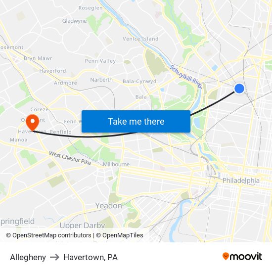 Allegheny to Havertown, PA map
