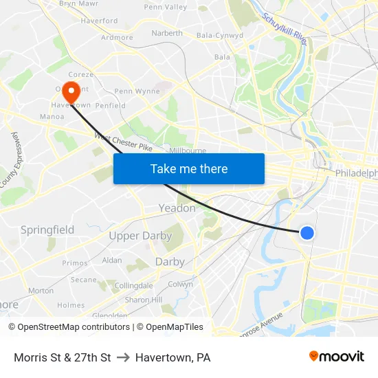 Morris St & 27th St to Havertown, PA map