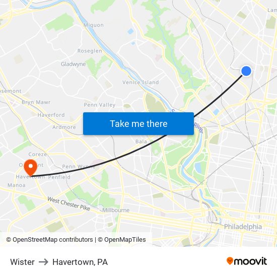 Wister to Havertown, PA map