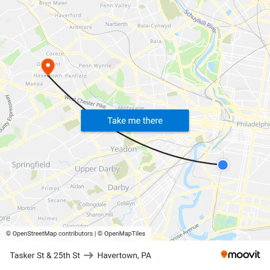 Tasker St & 25th St to Havertown, PA map