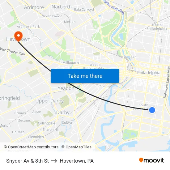 Snyder Av & 8th St to Havertown, PA map