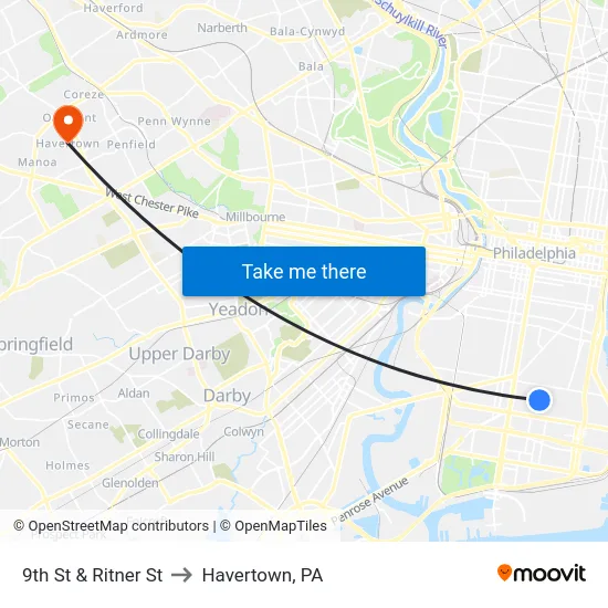 9th St & Ritner St to Havertown, PA map