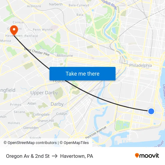 Oregon Av & 2nd St to Havertown, PA map