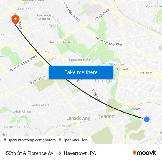 58th St & Florence Av to Havertown, PA map
