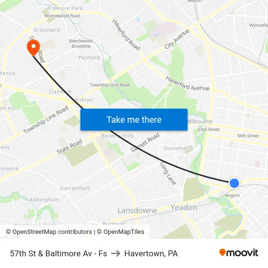 57th St & Baltimore Av - Fs to Havertown, PA map