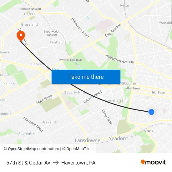 57th St & Cedar Av to Havertown, PA map