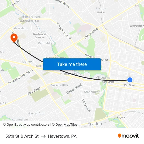 56th St & Arch St to Havertown, PA map