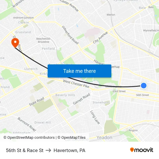 56th St & Race St to Havertown, PA map