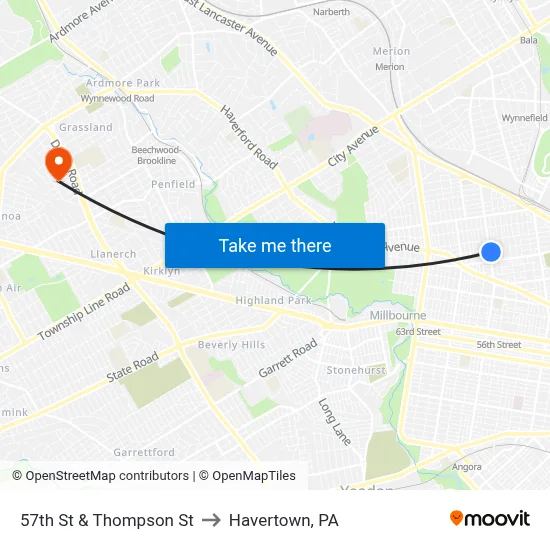 57th St & Thompson St to Havertown, PA map