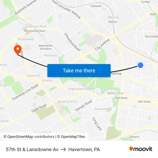 57th St & Lansdowne Av to Havertown, PA map