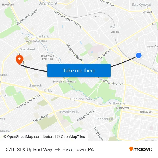 57th St & Upland Way to Havertown, PA map