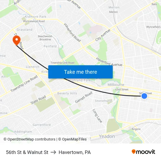 56th St & Walnut St to Havertown, PA map