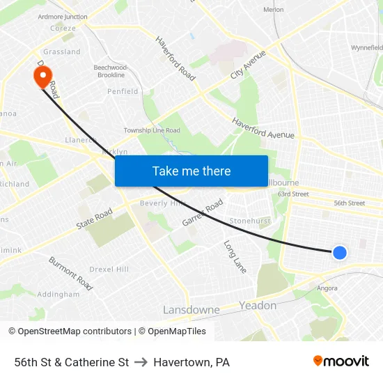 56th St & Catherine St to Havertown, PA map