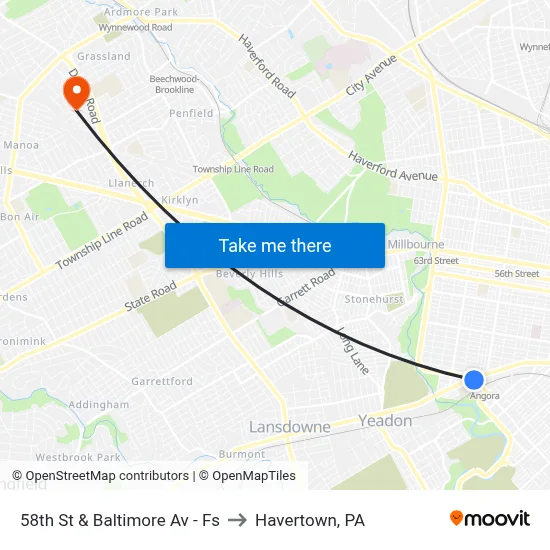 58th St & Baltimore Av - Fs to Havertown, PA map