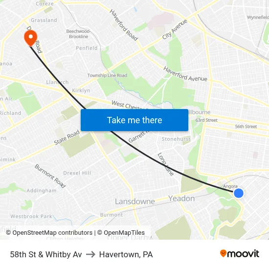 58th St & Whitby Av to Havertown, PA map