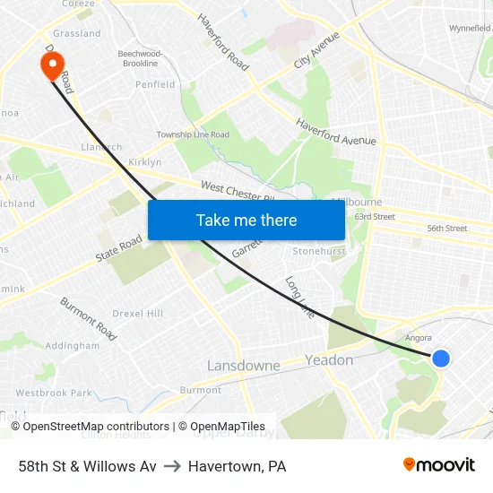 58th St & Willows Av to Havertown, PA map