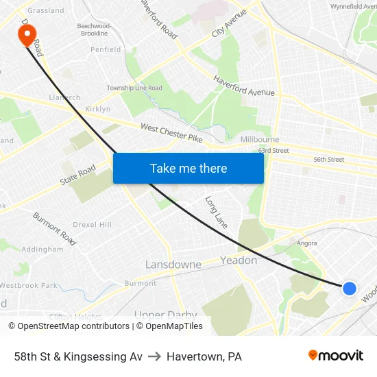 58th St & Kingsessing Av to Havertown, PA map