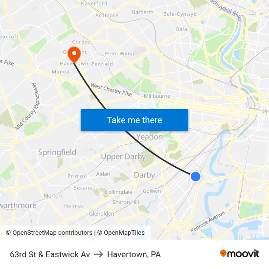 63rd St & Eastwick Av to Havertown, PA map