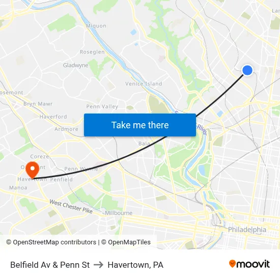 Belfield Av & Penn St to Havertown, PA map