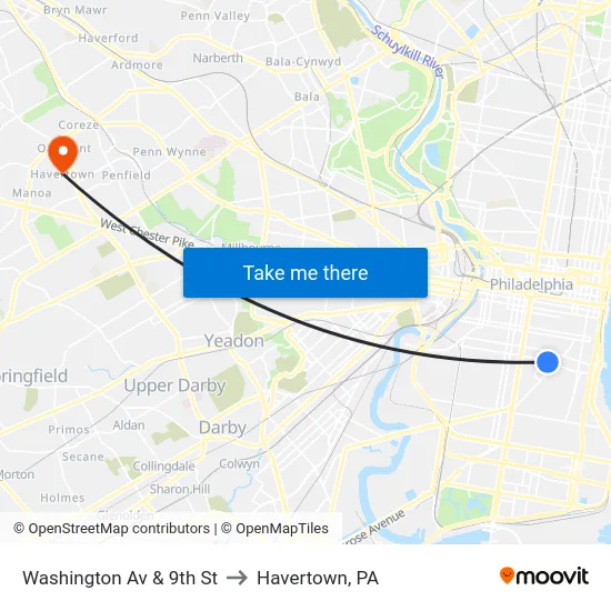 Washington Av & 9th St to Havertown, PA map