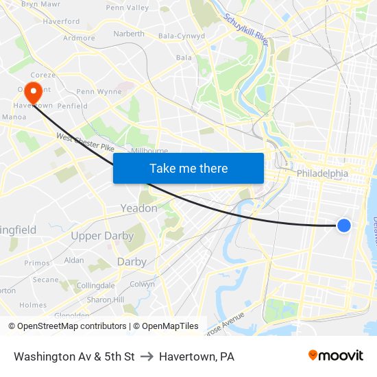 Washington Av & 5th St to Havertown, PA map