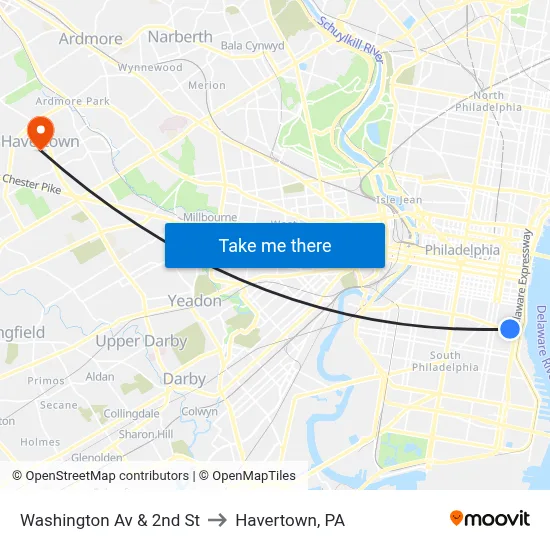 Washington Av & 2nd St to Havertown, PA map