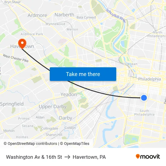 Washington Av & 16th St to Havertown, PA map