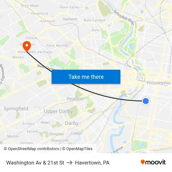 Washington Av & 21st St to Havertown, PA map