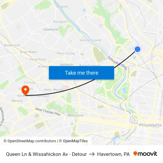 Queen Ln & Wissahickon Av - Detour to Havertown, PA map
