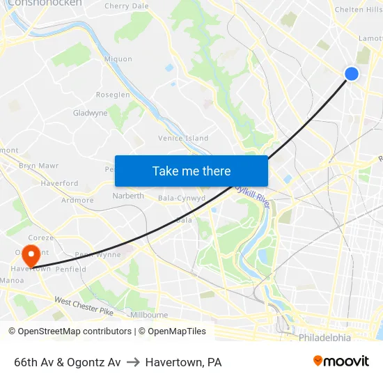 66th Av & Ogontz Av to Havertown, PA map