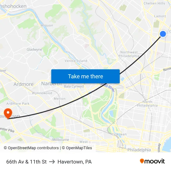 66th Av & 11th St to Havertown, PA map