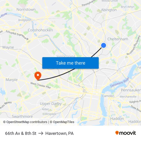 66th Av & 8th St to Havertown, PA map