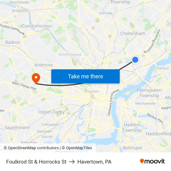 Foulkrod St & Horrocks St to Havertown, PA map