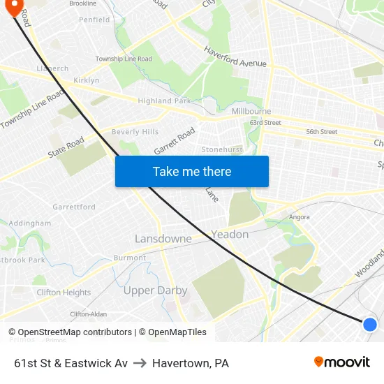 61st St & Eastwick Av to Havertown, PA map