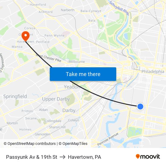 Passyunk Av & 19th St to Havertown, PA map