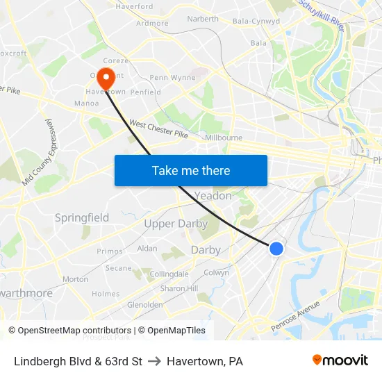 Lindbergh Blvd & 63rd St to Havertown, PA map