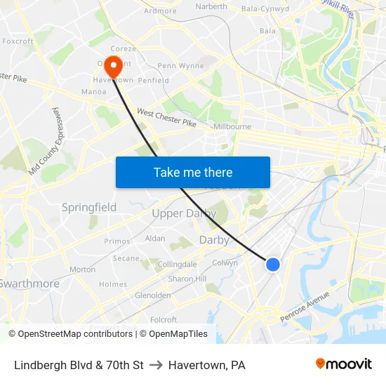 Lindbergh Blvd & 70th St to Havertown, PA map