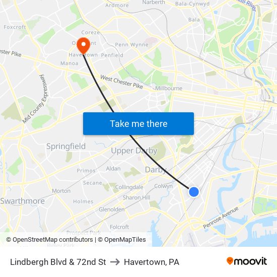 Lindbergh Blvd & 72nd St to Havertown, PA map