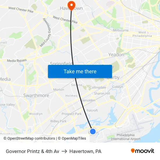 Governor Printz & 4th Av to Havertown, PA map