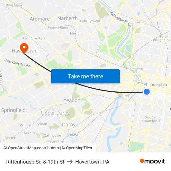 Rittenhouse Sq & 19th St to Havertown, PA map