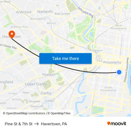 Pine St & 7th St to Havertown, PA map