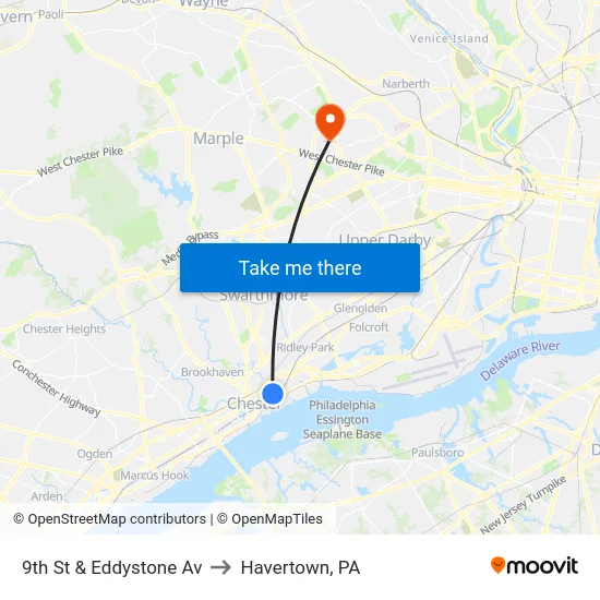 9th St & Eddystone Av to Havertown, PA map