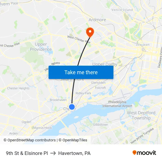 9th St & Elsinore Pl to Havertown, PA map